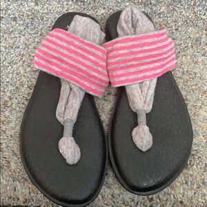 Sanuk Pink & Grey Stripe Dotted Yoga Sling sandals